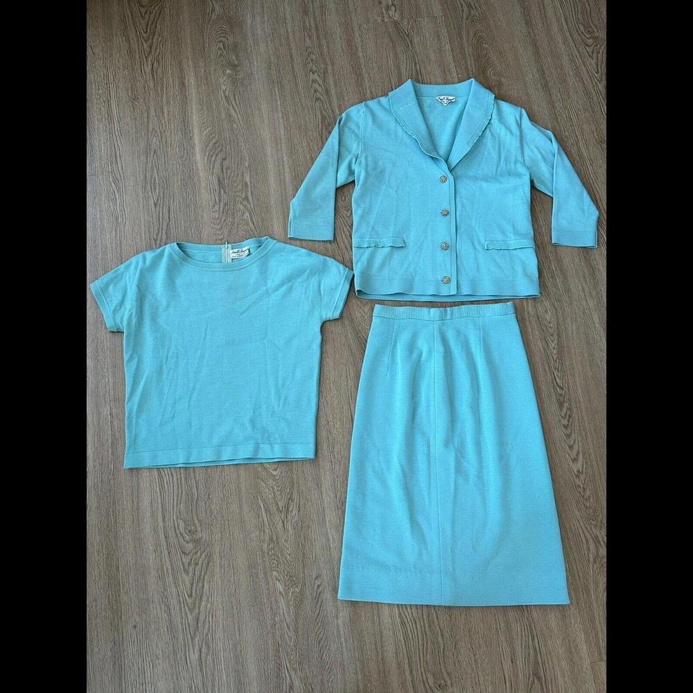VTG 50s Amalfi Imports 3 Pc Italian Wool Knit Womens Blue Sz 10